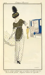 Veste de velours pékinois noir et auburn sur fourreau de frissonnette peinte. Chapeau velours et aigrette