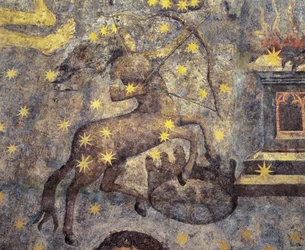 Gotische periode. Koepel van de Dierenriem door Fernando Gallego. XV eeuw. Muurschilderingen. Bibliotheek van de Universiteit van Salamanca, Castilië, Spanje. Voorstelling van sterrenbeelden. Centaur. Symbool van het sterrenbeeld.