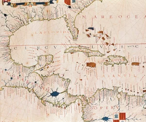 Portulan: Geografische kaart met de naam van de kustlijn van Cuba, Florida, Midden-Amerika en Noord-Latijns-Amerika, Hydrographic Atlas van Fernao VAZ DOURADO