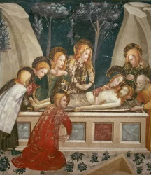 Jezus in het graf met de apostelen en zijn moeder