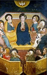 Maagd met de apostelen detail