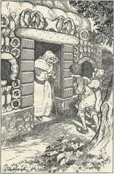 Twee kinderen in een marsepeinen huis in het bos. Illustratie door F. Scarpelli voor het sprookje Hans en Grietje, gebaseerd op een bundel van de gebroeders Grimm. Sneeuwwitje en andere sprookjes, Florence