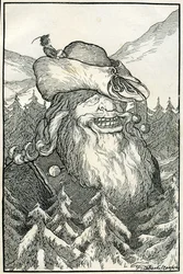 Fabels: de reus. Illustratie door Filiberto Scarpelli voor "De Kristallen Berg" uit een verzameling fabels van de gebroeders Grimm (Jacob en Wilhelm).