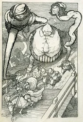 Fabels: de prins komt de stad binnen gevolgd door zijn bedienden. Illustratie door Filiberto Scarpelli voor het verhaal "De bedienden en de prins" uit de gebroeders Grimm