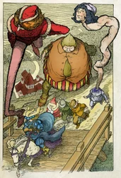 Illustratie door Filiberto Scarpelli (1870-1933) voor de fabel "I servitori e il principe" (Dienaren en de prins) uit een verzameling fabels van de gebroeders Grimm "Sneeuwwitje en andere verhalen" rond 1920.