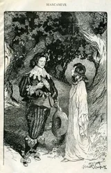 Illustratie door Filiberto Scarpelli voor het sprookje "Sneeuwwitje" uit een verzameling fabels van de gebroeders Jacob en Wilhelm Grimm, "Sneeuwwitje en andere sprookjes".