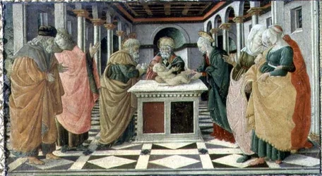 De Presentatie in de Tempel, predellapaneel van Het Geboortealtaarstuk in het Museo Civico