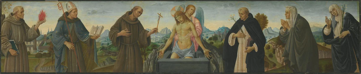 Man van Smarten en zes heiligen (de heilige Antonius van Padua, Lodewijk van Toulouse, Franciscus, Dominicus, Clara en Catharina van Siena)