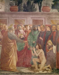 De opstanding van Theophilus, de zoon van de koning van Antiochië, detail van Sint-Pieter en Theophilus, c.1425-27, voltooid 1484-85 (detail)