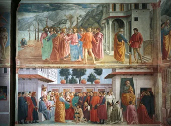 De cijnspenning, van Tommaso Masaccio, De opwekking van de zoon van Theofilus en de tronende Sint-Pieter, van Tommaso Masaccio en Filippo Lippi, fresco