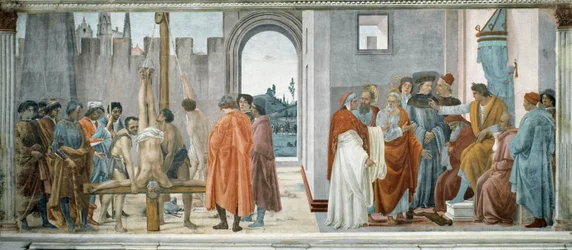 Het geschil tussen Simon de Tovenaar (de Magiër of Simon van Samaria, overleden 65) (met Nero (37-68) op de troon) en de Kruisiging van Sint Petrus (Het Geschil met Simon Mago en de Kruisiging van Sint Petrus) - Fresco door Filippino Lippi (1457-1504)