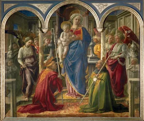 Madonna en kind met engelen, en de heiligen Frediano en Augustinus, genaamd "Pala Barbadori" ...