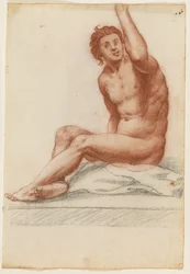 Mannelijke figuur met zijn lichaam naar links gedraaid, zijn linkerarm omhoog reikend, zittend op een doek
