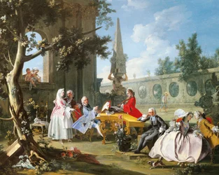 Concert in tuin door Filippo Falciatore (actief 1737-1768), olieverf op doek, 75,8 x 102 cm, (detail), Italië, circa 1750