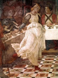 Het banket van Herodes, episodes uit het leven van de heilige Johannes de Doper (Johannes de Doper). Detail met Salome. Fresco van Filippo Lippi (1406-1469), ca. 1452-1464, kathedraal van Prato, Italië