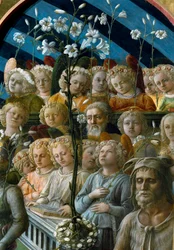 De kroning van de Maagd. Detail van de zingende engelen die leliebloemen vasthouden. De figuur rechtsonder is Johannes de Doper, patroonheilige van Florence. Schilderij (1457-1504)