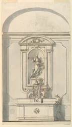 Tekening, Altaar met tabernakel en twee priesters in gesprek, 1750-75