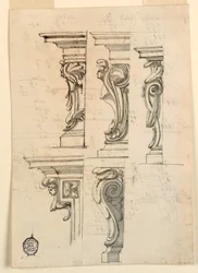 Tekening, Vijf hoekmotieven, ca. 1750