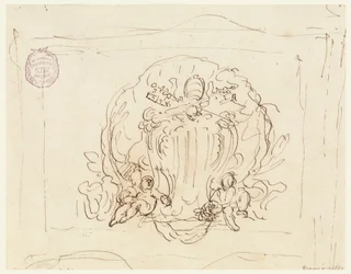 Tekening, Tablet met het wapen van paus Benedictus XIV met schelp als achtergrond, 1740-58