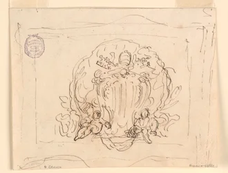 Tekening, Tablet met het wapen van paus Benedictus XIV met schelp als achtergrond, 1740-58