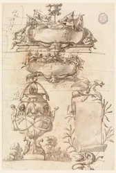 Tekening, Twee wapenschilden, decoratieve vaas en een rol, 1750-75