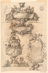 Tekening, Twee wapenschilden, decoratieve vaas en een rol, 1750-75