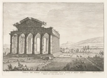 Veduta del tempio esastilo perittero dalla parte di mezzo giorno (Zicht op de Peripterale Hexastyle Tempel vanuit het zuiden), uit Antichità di Pesto (Antiquiteiten van Paestum)