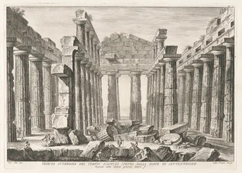 Interieurzicht van de Hexastyle Hypaethral Tempel vanuit het noorden, uit Antichit? di Pesto (Antiquiteiten van Paestum)