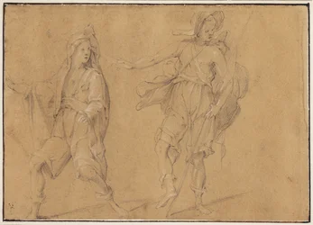 Een rennend figuur met de mantel over zijn hoofd, en een staande man met hoed en staf