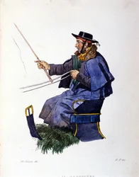 Kleine handel van de stad Napels: de koetsier. Gravure naar een schilderij van F. Palizza. Uit een werk van Francesco de Bourcard 