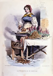 Kleine bedrijven van de stad Napels: wandelende verkoopster van zeppolle, specialiteit gebak van Napels. Gravure naar een schilderij van F. Palizza. Uit een werk van Francesco de Bourcard “Costumi del regno di Napoli”