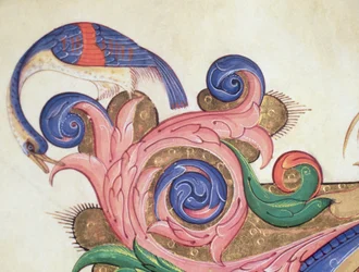 Missaal 515 f.169r Fantastische vogel die rond bladeren kijkt, detail van decoratie rondom een versierde initiaal uit een Koorboek uitgevoerd voor 1449