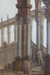 Architectuurschilderij, olieverf op hout, raamluiken van de salon, Koningin