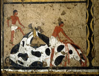 Egyptische antiquiteiten: een stier wordt geofferd voor een sarcofaag. Detrempe op klei en stro uit het graf van de generaal en kanselier van koning Iti in El Ghebelen nabij Luxor. 2200-2000 v.Chr. Turijn, Egyptisch museum