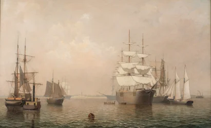 Koopvaardijschepen voor de haven van Boston, 1863