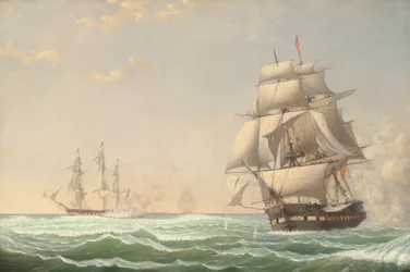 De Amerikaanse fregat "President" in gevecht met het Britse squadron, 1815