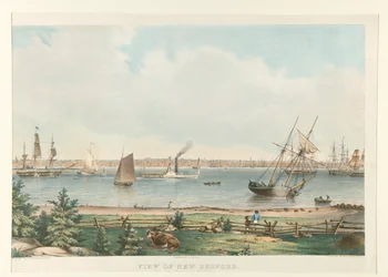 Uitzicht op New Bedford. Vanaf het fort bij Fairhaven