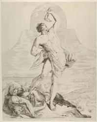 Simson die de kaak van een ezel boven zijn hoofd houdt en naast de Filistijnen staat, ca. 1640-60