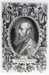 Abraham Ortelius, frontispice van zijn Theatrum Orbis Terrarum, 1579