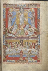 Volledige pagina miniatuur in twee registers, van de Transfiguratie van Christus en het Laatste Avondmaal, illustraties uit 