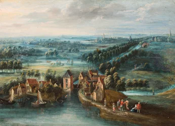 Een uitgestrekt landschap met een dorp aan een rivier en figuren op de voorgrond