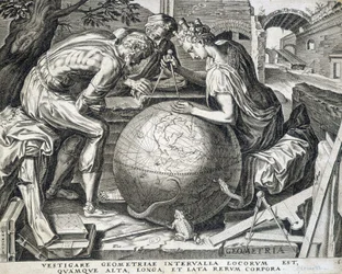 Personages leunend boven de wereldbol met passer (allegorie van geometrie) - gravure, Vlaanderen