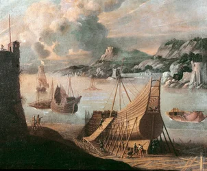 Bouw van een galeon in een Genuees scheepswerf