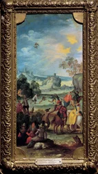 Valkenjacht. Jachtscène en rust op het platteland. Schilderij van de Vlaamse School. Begin 17e eeuw. Dijon, Museum voor Schone Kunsten