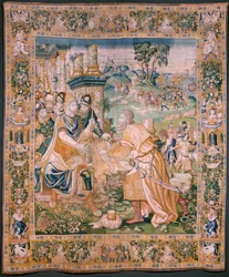 Vlaams wandtapijt. Alexander wordt een kroon aangeboden. Atelier van Oudenaarde. 384x316cm. 17e eeuw.