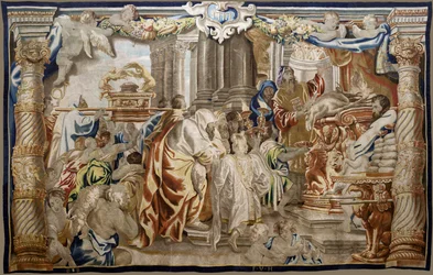 Vlaamse wandtapijt. Serie Apotheose van de Eucharistie. Offer van de Mozaische Wet. Model Carton gekopieerd van een origineel door Rubens. Brussels manufacture. Midden 17e eeuw.