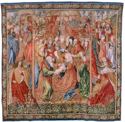 Vlaams wandtapijt. Serie Episodes uit het leven van de Maagd; Presentatie in de Tempel. Tweede wandtapijt in de serie. Modellen Toegeschreven aan Jan van Roome (of van Brussel). Manufacture Pieter van Aelst, Brussel. Ca 1502-1504.