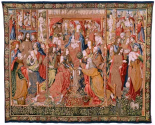 Vlaams wandtapijt. Serie Episodes uit het leven van de Maagd. De profetieën worden vervuld bij de geboorte van Christus. Eerste wandtapijt in de serie. Modellen Toegeschreven aan Jan von Roome (of van Brussel).