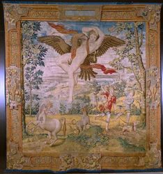 Vlaamse wandtapijt. Serie Fabel van Ovidius: De roof van Ganymedes. Atelier Willem de Pannemaker, Brussel. Voor 1556