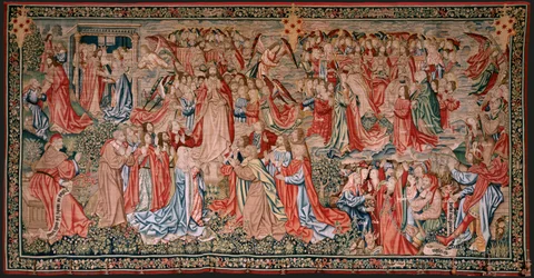 Vlaams wandtapijt. Serie Menselijke Verlossing of Ondeugden en Deugden. Christus stijgt op naar de Hemel en de Mens wordt verlost voor God. Negende wandtapijt in de serie.